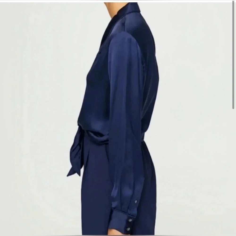 Wilfred Aritzia Blue Satin Cupro Tie-Front Collard Blouse Women's Size XXS